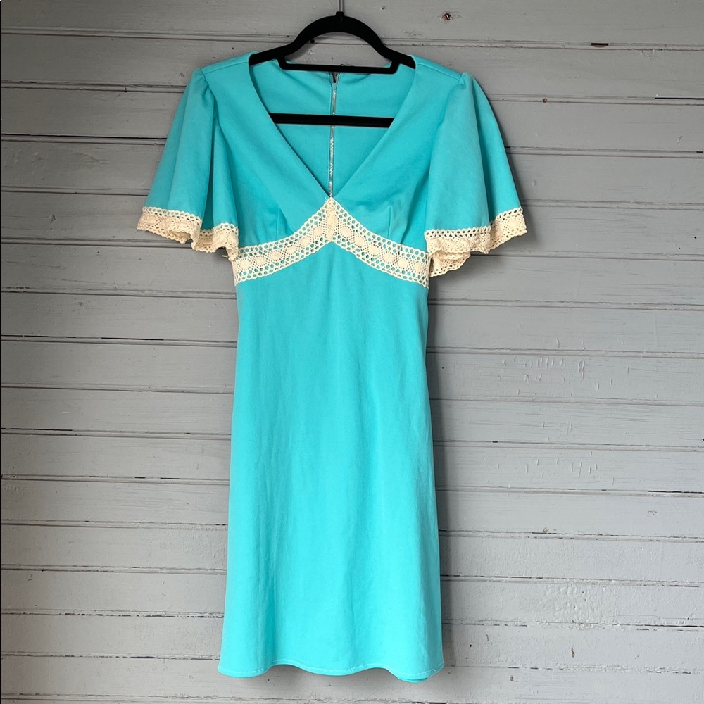 Vintage Turquoise Dress with Cream Crochet Trim